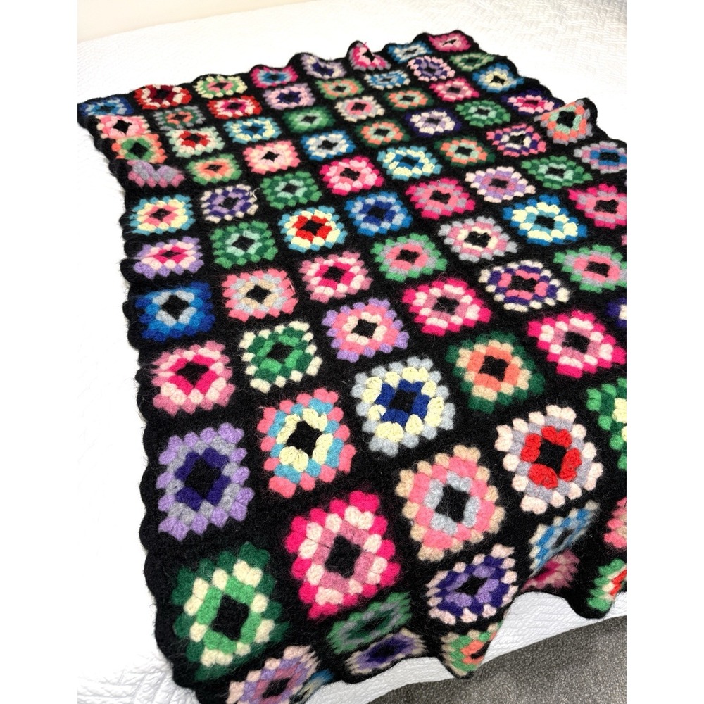Throw Blanket Crochet Granny Square Black Border Handmade Afghan Boho 33x53 Aprx